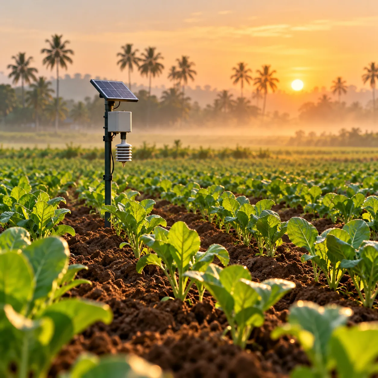 Rows of young organic crops at sunrise with a soil sensor in the foreground