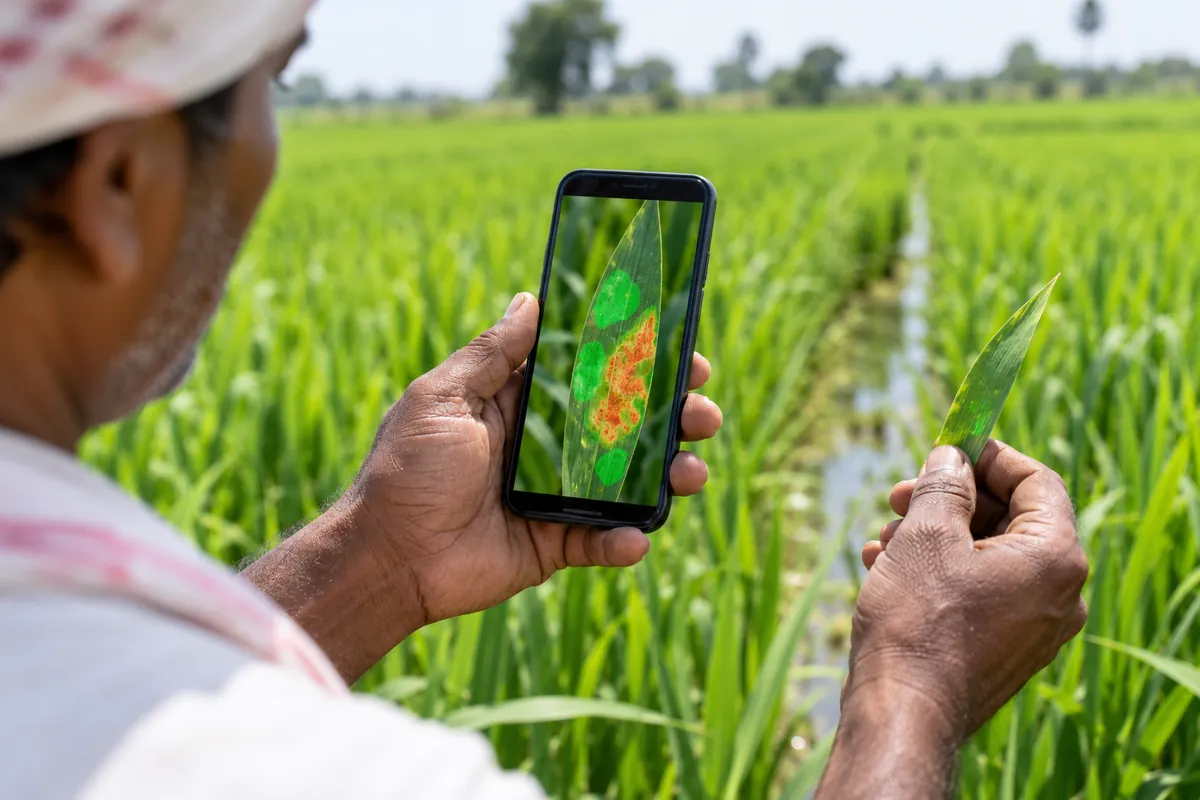 Farmer checking crop health advice on a phone in a green field