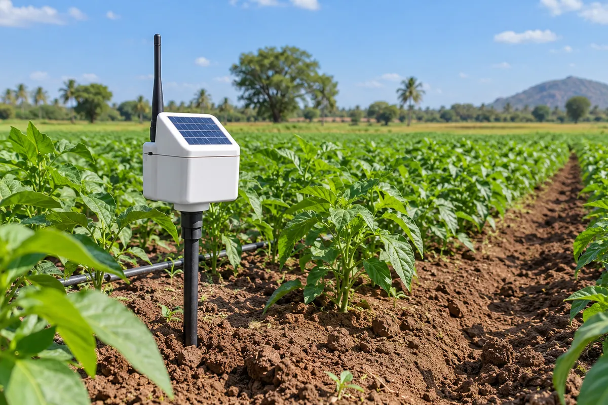 Solar-powered soil sensor standing among crop rows