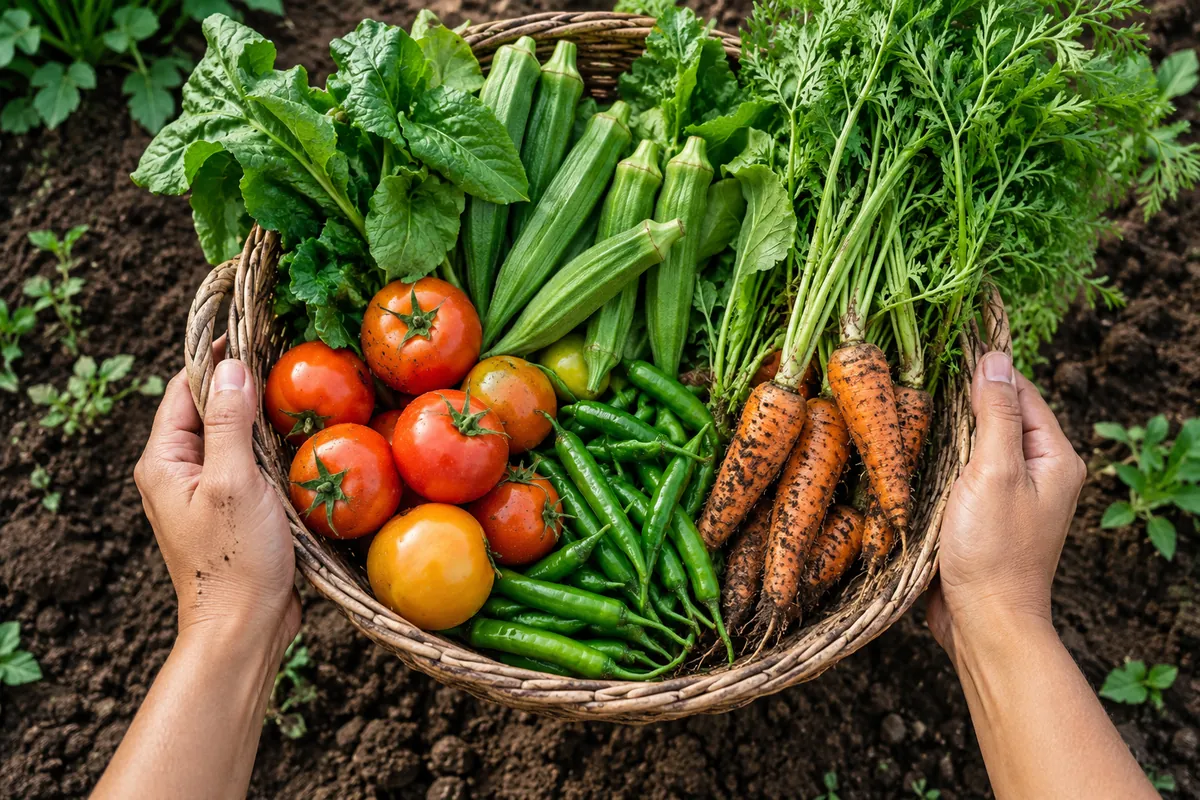 Hands holding freshly harvested organic vegetables