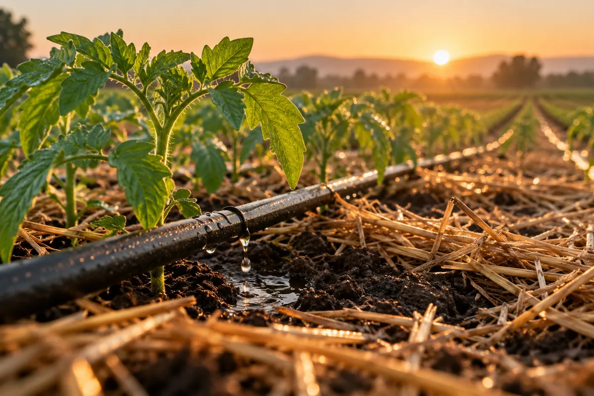 Drip irrigation line watering healthy dark soil beside young plants